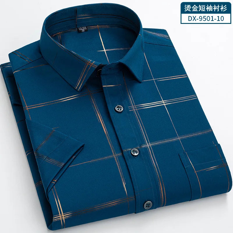 Half Sleeve Men Plaid Bronzing Stretch Anti-wrinkle Shirts
