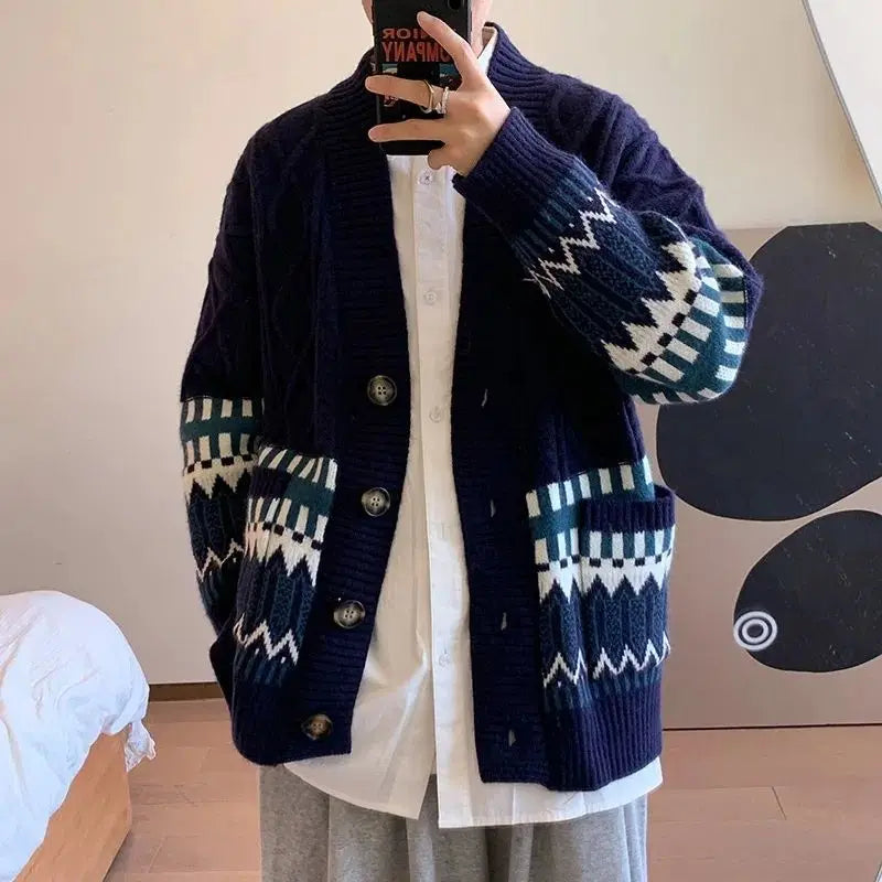 Knit Cardigan Men's Argyle Aesthetic Baggy Japanese Retro coat