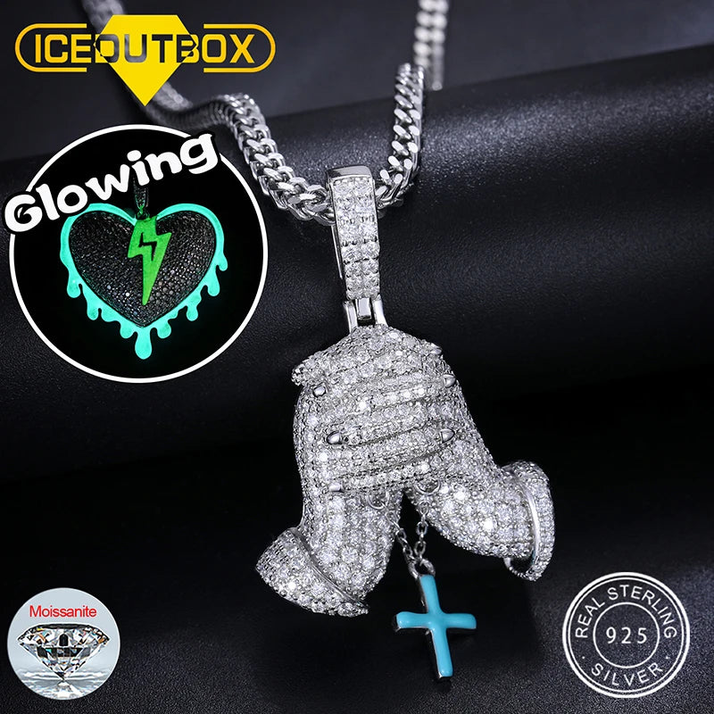 Men Glowing Hand of Prayer Cross Pendant Sterling Silver 925 Chain