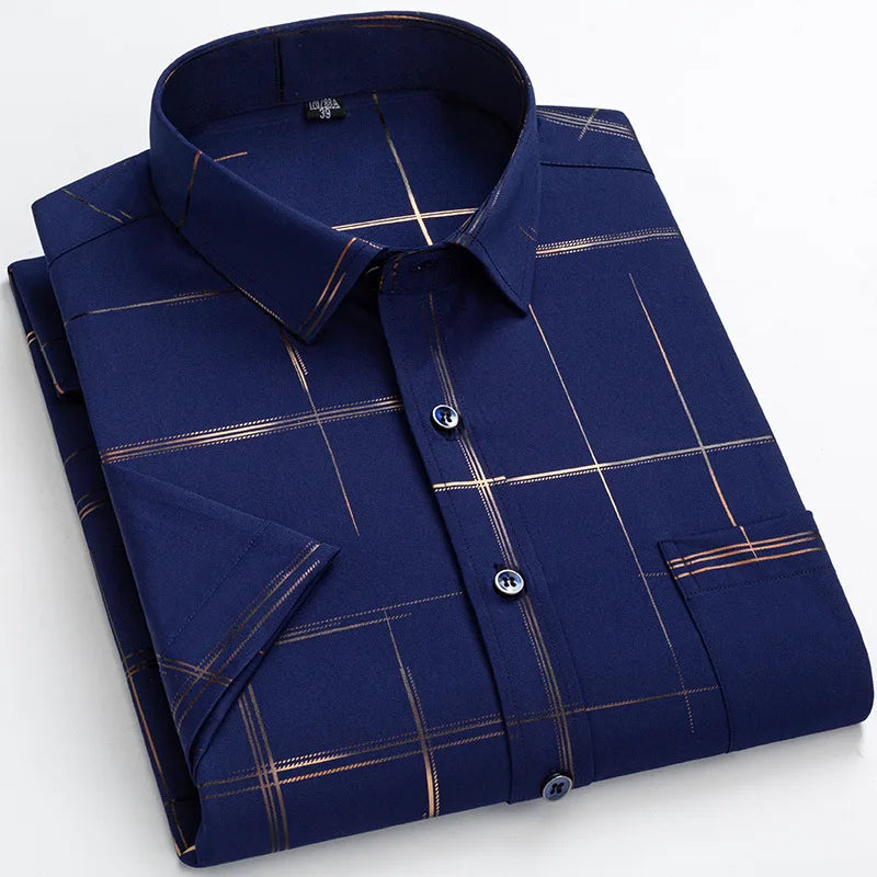 Half Sleeve Men Plaid Bronzing Stretch Anti-wrinkle Shirts