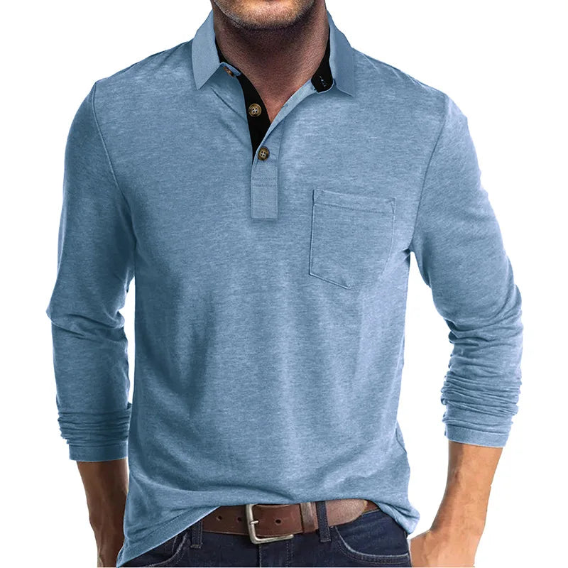 Men's Long Sleeve Casual Solid Lapel Button Up Turn Down Collar Polo Shirt