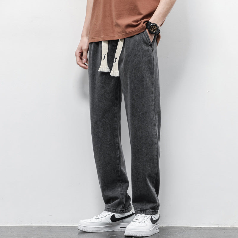 Loose Wide Leg Jeans Pants Men Fashion Drawstring Elasticated Straight Trousers