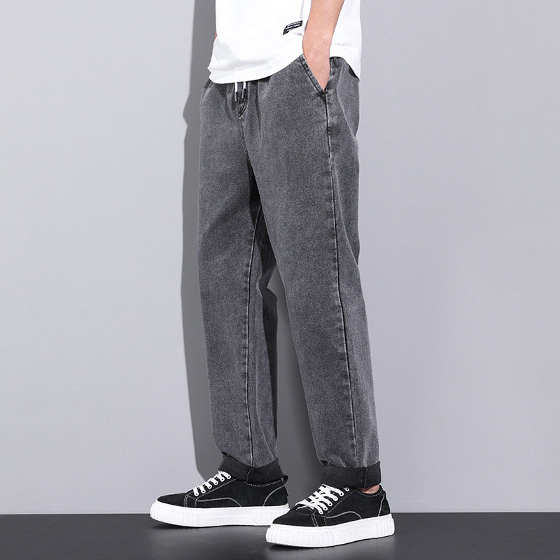 Loose Wide Leg Jeans Pants Men Fashion Drawstring Elasticated Straight Trousers
