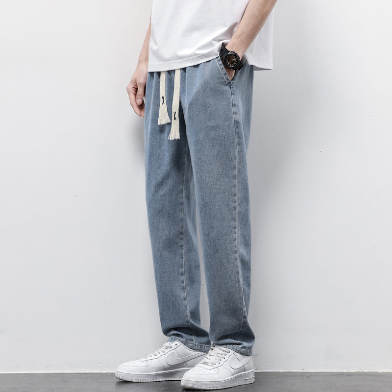 Loose Wide Leg Jeans Pants Men Fashion Drawstring Elasticated Straight Trousers