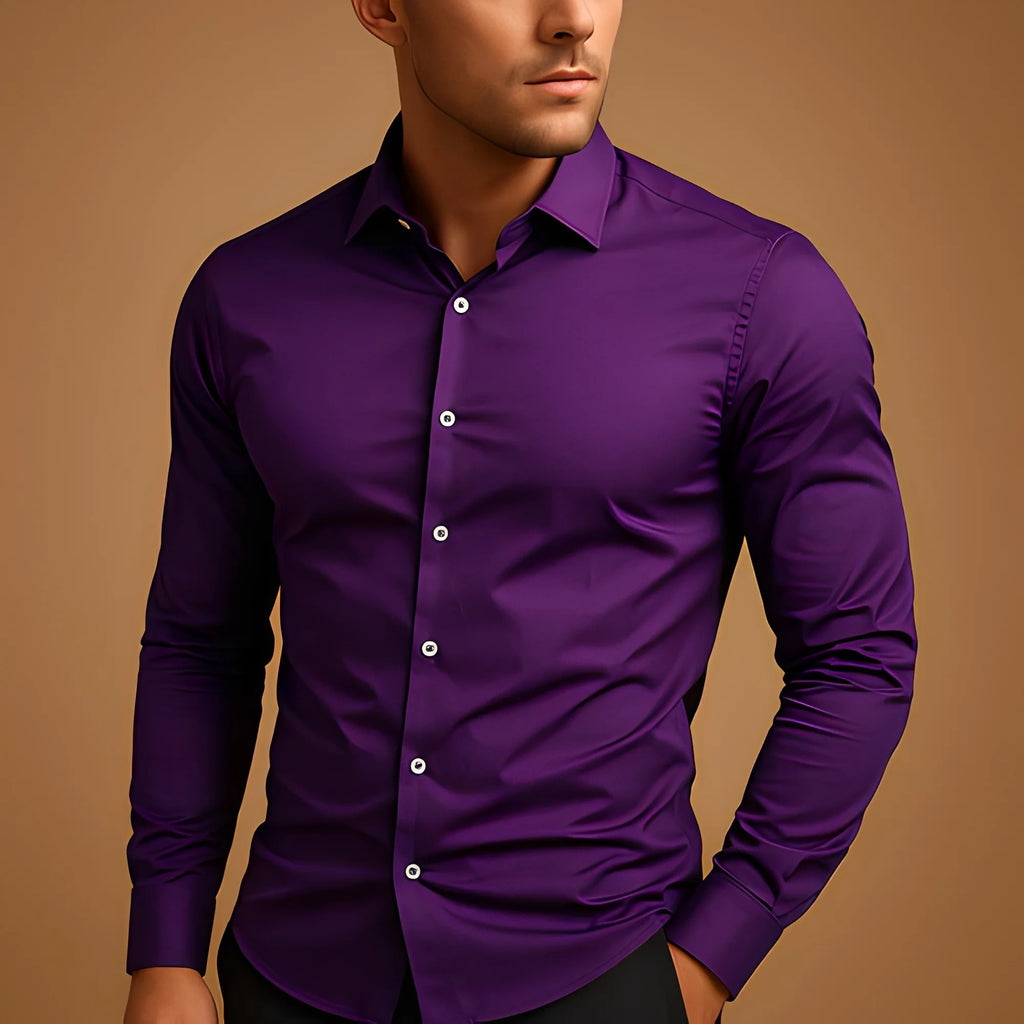 Men's Shirt Business Button Down Shirt Summer Solid Color Long Sleeve Lapel Vacation Shirt Fashion Temperament Casual Tops