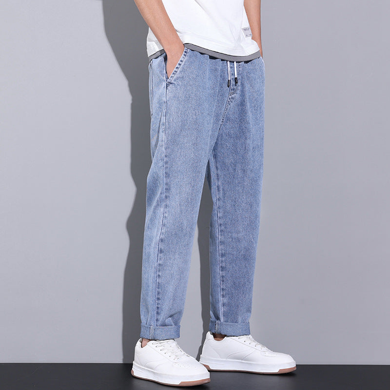 Loose Wide Leg Jeans Pants Men Fashion Drawstring Elasticated Straight Trousers