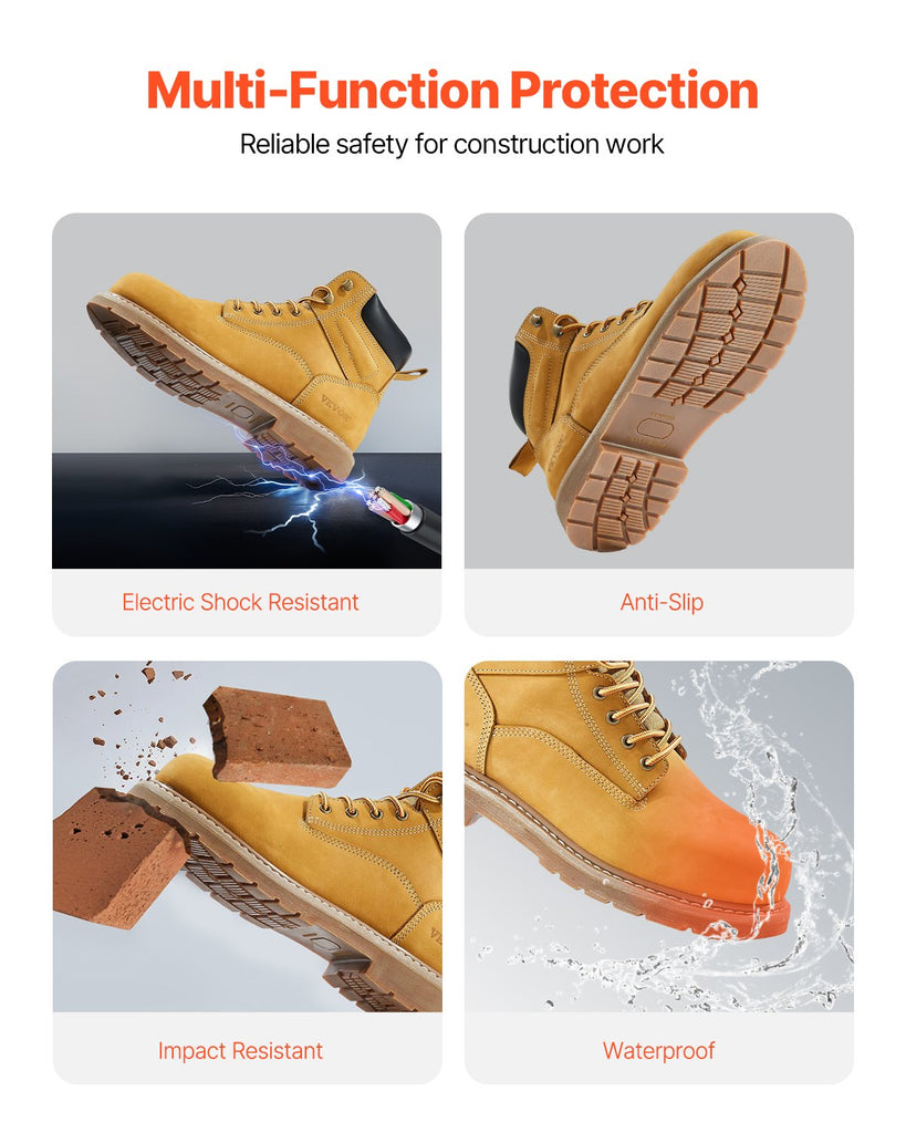 Steel Toe Work Boots, US Size 12, Waterproof Work Boots For Men, Slip-Resistant Work Boot, Lightweight And Breathable Rubber Sole Mens Boots For Industry Construction, Brown Yellow