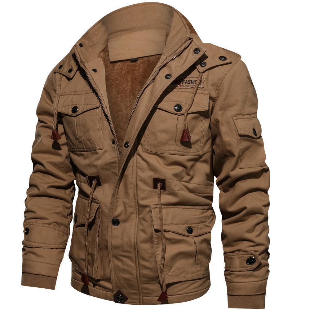 Winter Zip-up Coat Warm Thickened Detachable Hooded Jacket Multi-pocket  Button Drawstring Long Sleeve Tops Men's Cargo Clothing