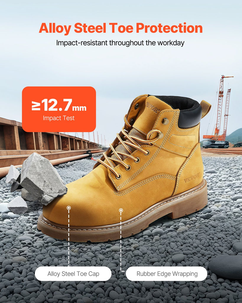 Steel Toe Work Boots, US Size 12, Waterproof Work Boots For Men, Slip-Resistant Work Boot, Lightweight And Breathable Rubber Sole Mens Boots For Industry Construction, Brown Yellow