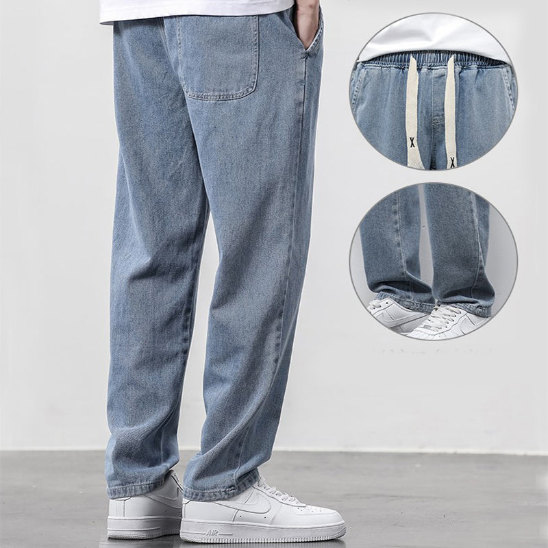 Loose Wide Leg Jeans Pants Men Fashion Drawstring Elasticated Straight Trousers