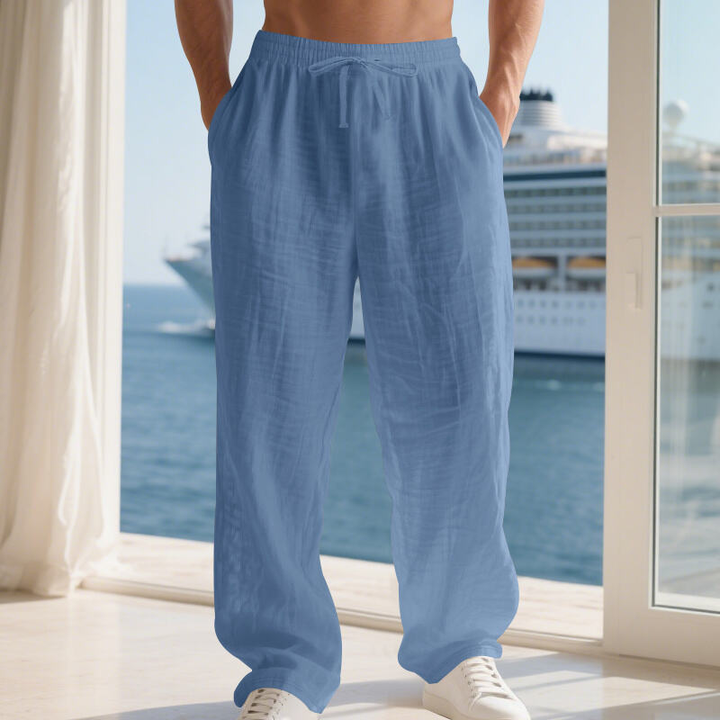 Linen Solid Color American Autumn Weiyi Casual Men's Loose Plus Size Wide Legs Beach Trousers Men