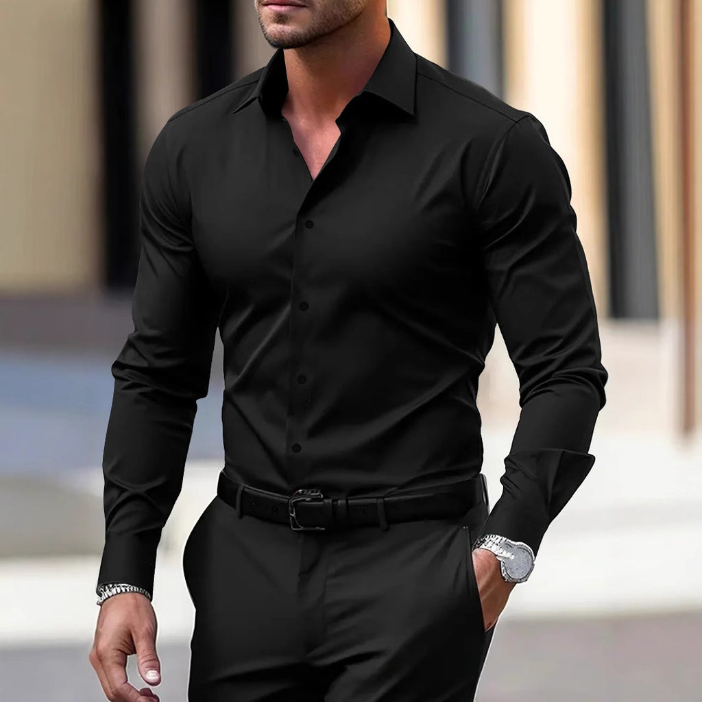Men's Shirt Business Button Down Shirt Summer Solid Color Long Sleeve Lapel Vacation Shirt Fashion Temperament Casual Tops
