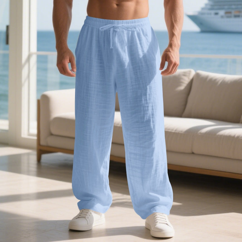Linen Solid Color American Autumn Weiyi Casual Men's Loose Plus Size Wide Legs Beach Trousers Men