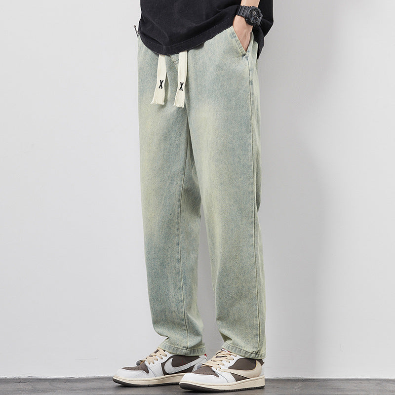 Loose Wide Leg Jeans Pants Men Fashion Drawstring Elasticated Straight Trousers