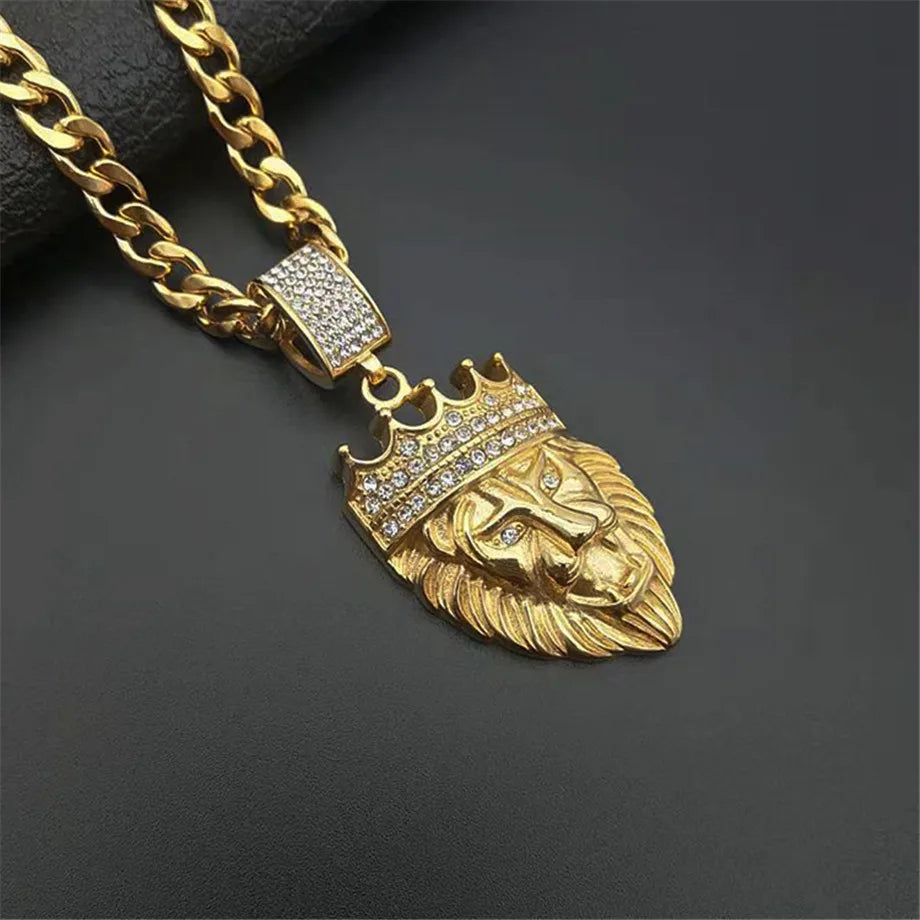 Stainless Steel Crown Lion Head Pendant Gold Color for Men