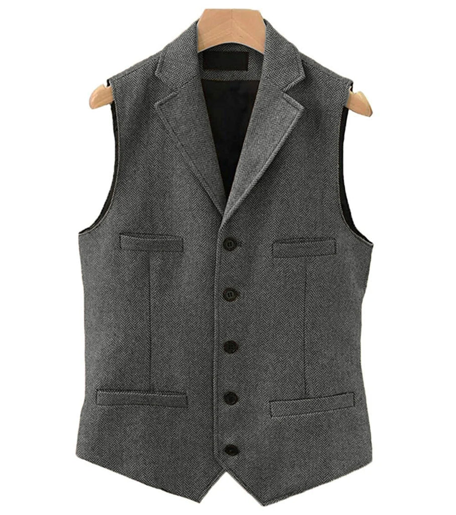 Men's Classic Wool Tweed Notch Lapel Waistcoat Herringbone Coat