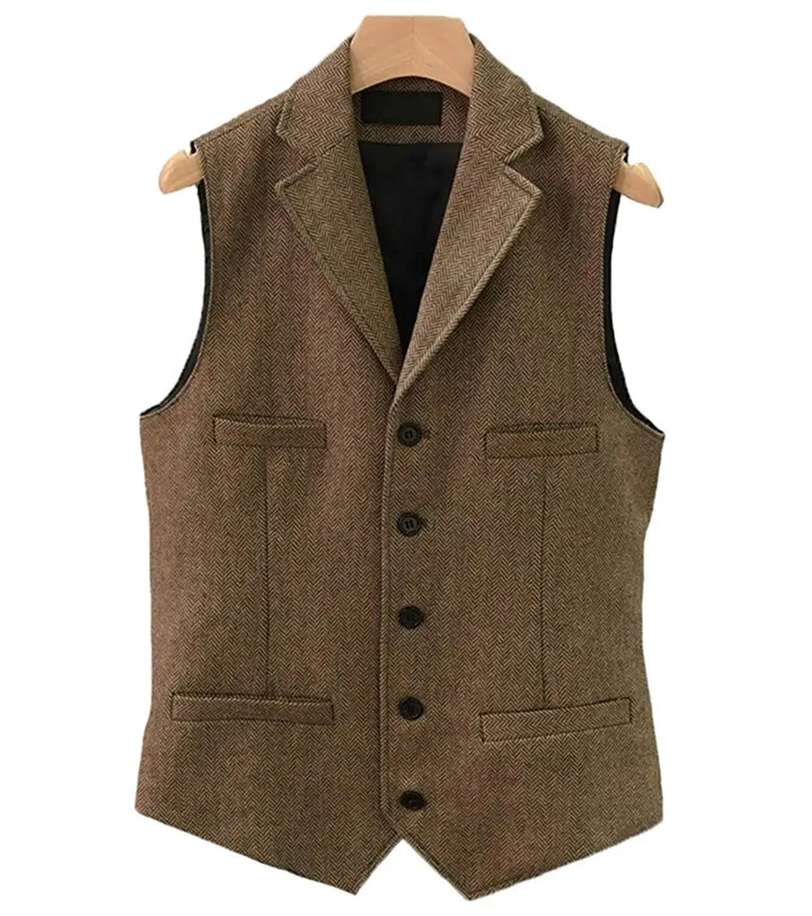Men's Classic Wool Tweed Notch Lapel Waistcoat Herringbone Coat