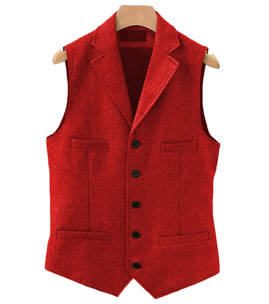 Men's Classic Wool Tweed Notch Lapel Waistcoat Herringbone Coat