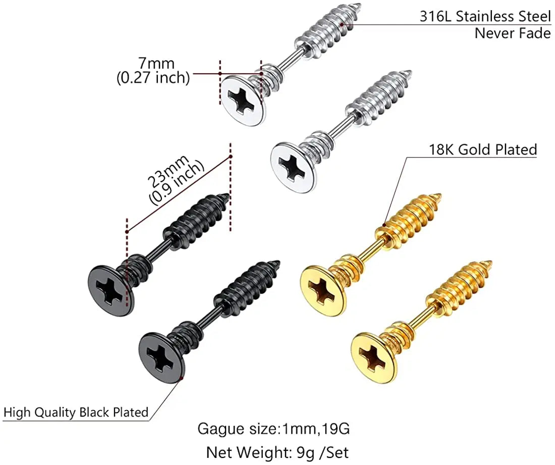 3pairs/set Stainless Steel Rivet Screw Stud Earring Men/Women Industrial Cool Jewelry