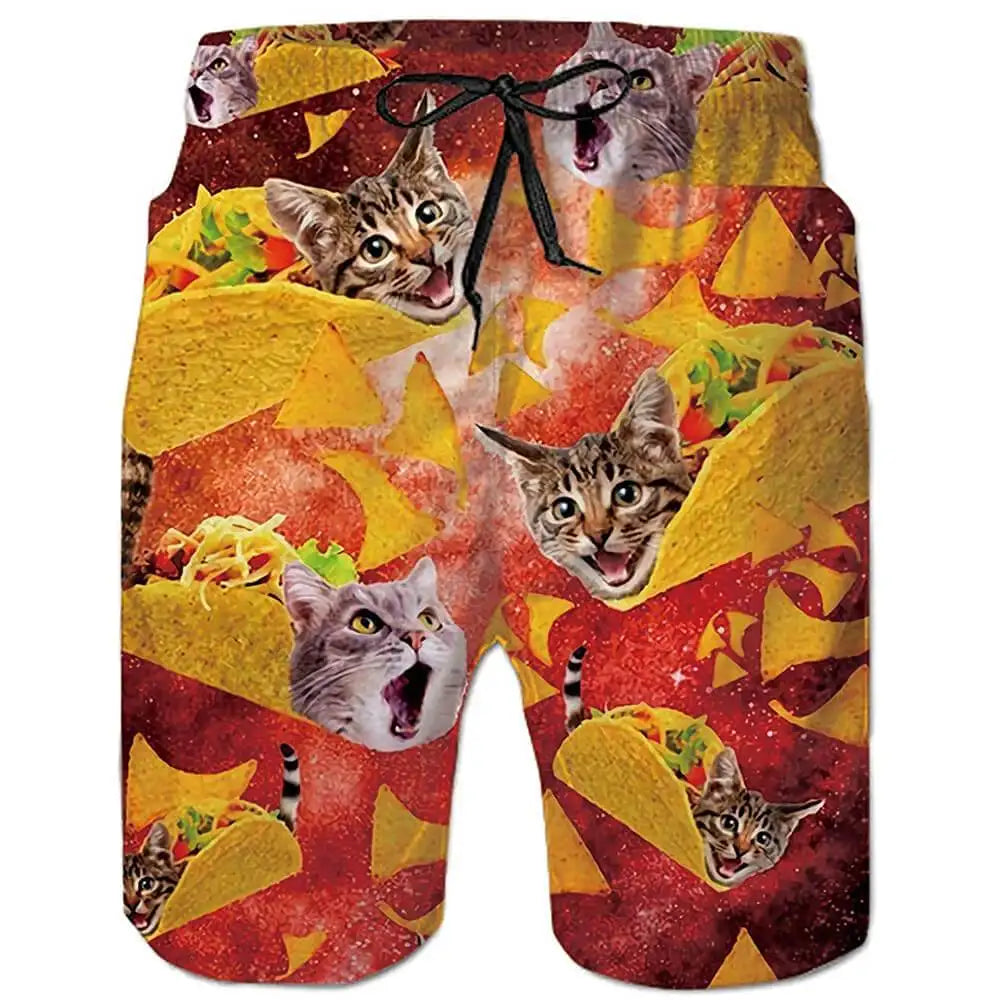 Funny Cat 3D Printed Men's Mesh Lining Beach Trunks