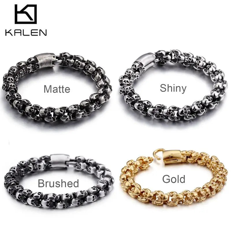 Punk Skull Bracelets Men Stainless Steel Matte Skull Charm Link Gothic Jewelry
