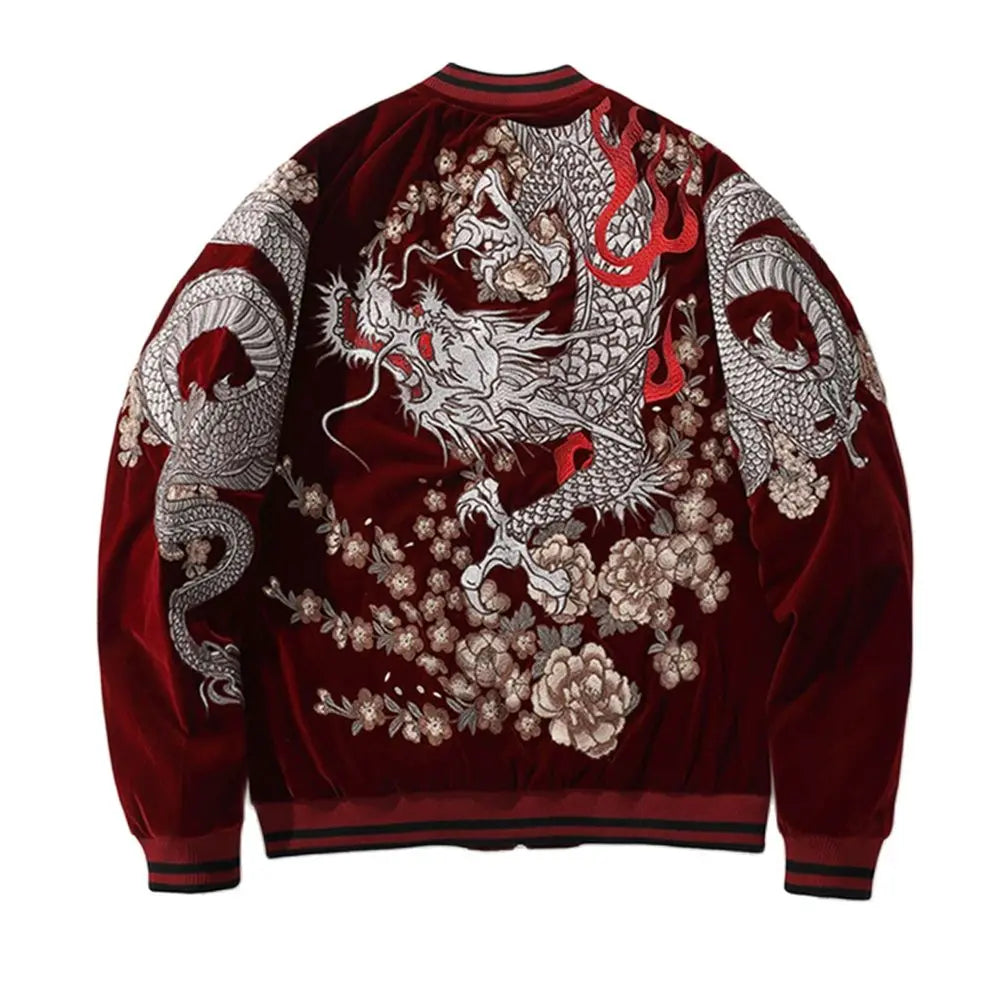 Men Sukajan  Jackets Coiled Dragon Peony Embroidered Loose Streetwear