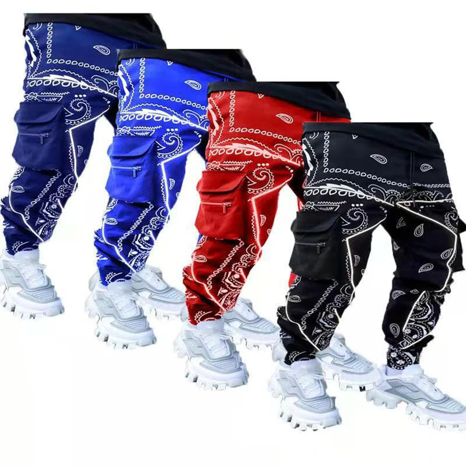 Paisley Cargo Pants Fashion Men's Reflective Joggers Oversized Streetwear Pants