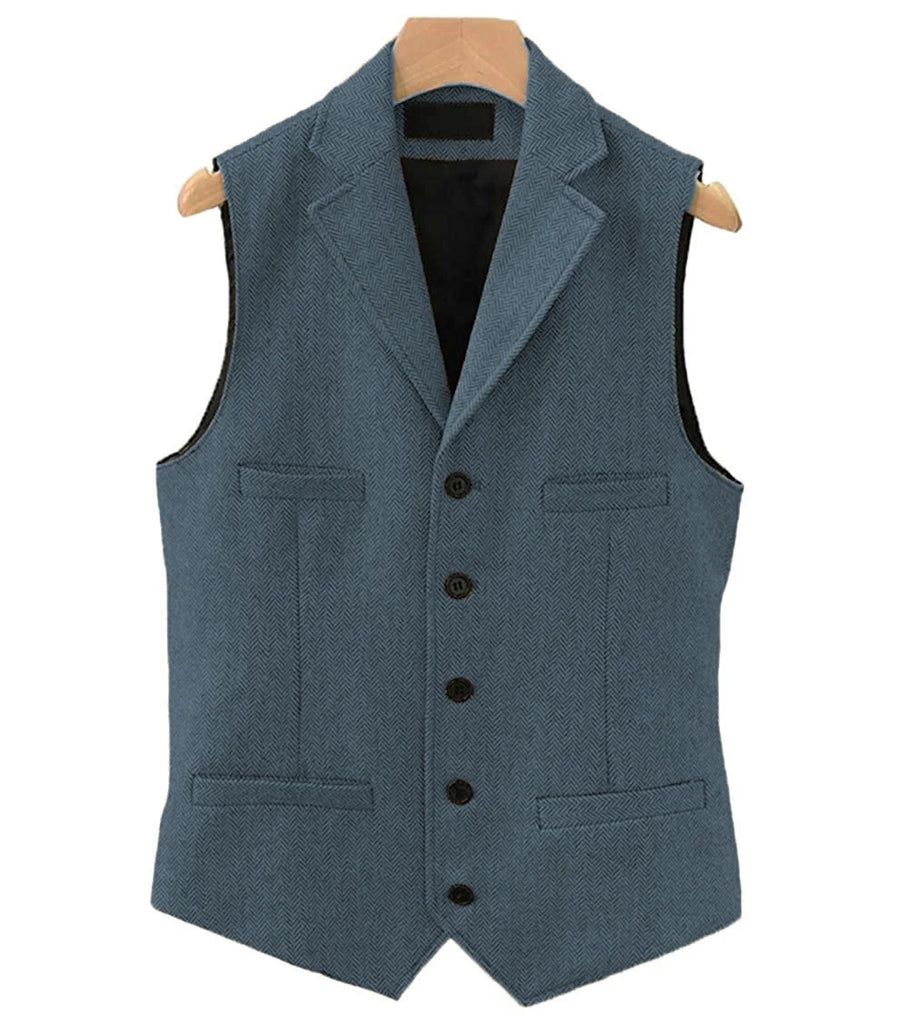 Men's Classic Wool Tweed Notch Lapel Waistcoat Herringbone Coat