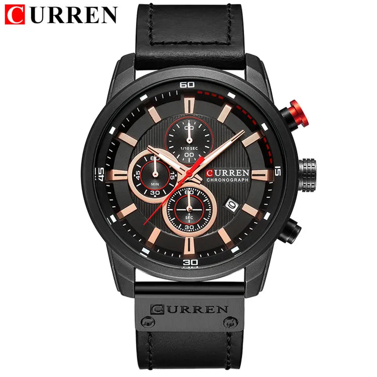 Men's Leather Sports Military Quartz Wristwatch Chronograph Male Clock
