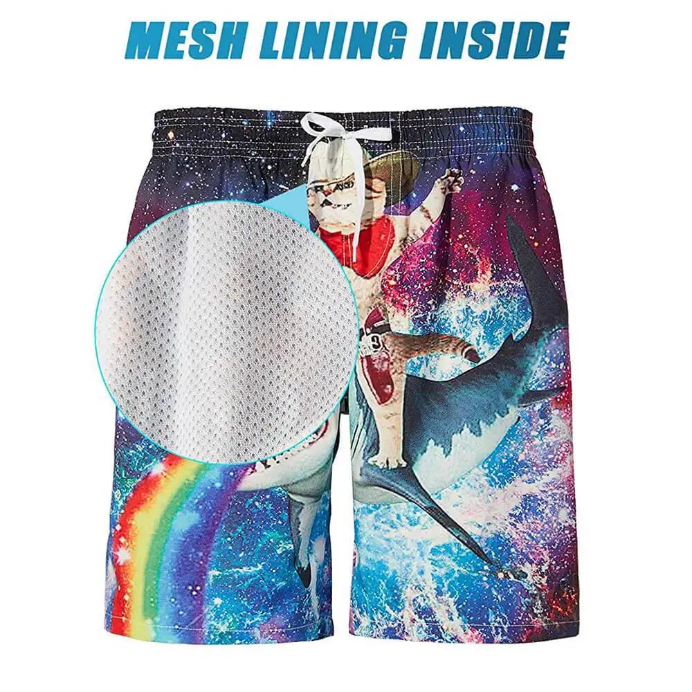 Funny Cat 3D Printed Men's Mesh Lining Beach Trunks