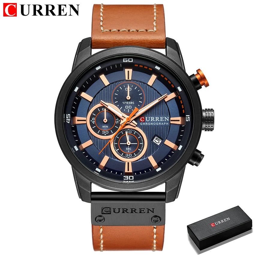 Men's Leather Sports Military Quartz Wristwatch Chronograph Male Clock