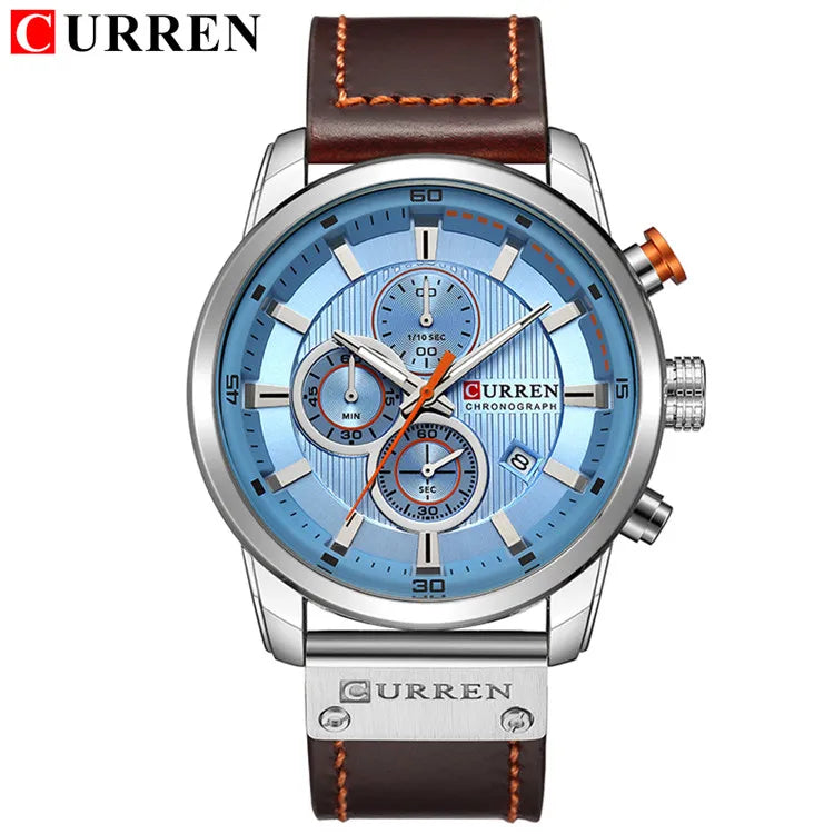 Men's Leather Sports Military Quartz Wristwatch Chronograph Male Clock