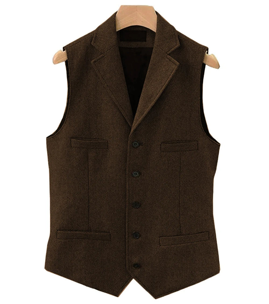 Men's Classic Wool Tweed Notch Lapel Waistcoat Herringbone Coat