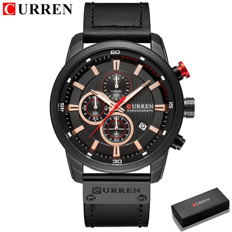 Men's Leather Sports Military Quartz Wristwatch Chronograph Male Clock