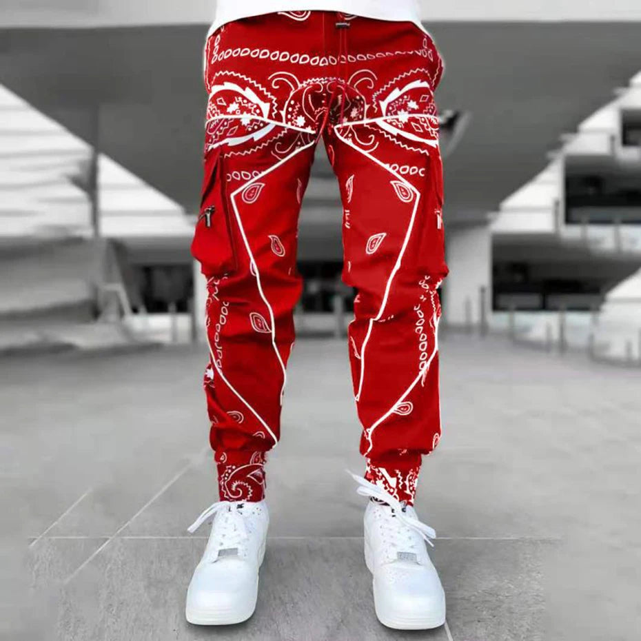 Paisley Cargo Pants Fashion Men's Reflective Joggers Oversized Streetwear Pants