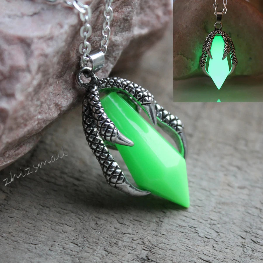 Stainless steel dragon talons Luminous Obsidian Pendants GLOW in the DARK necklaces