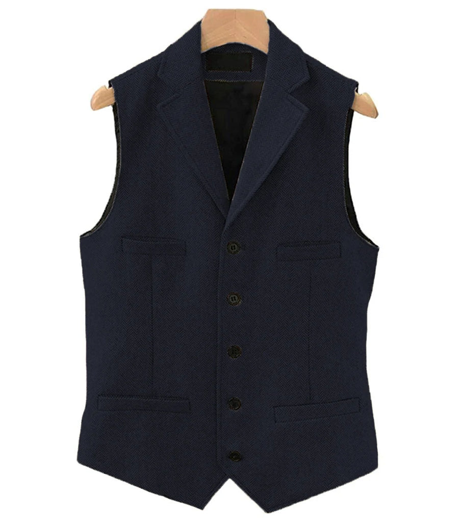 Men's Classic Wool Tweed Notch Lapel Waistcoat Herringbone Coat