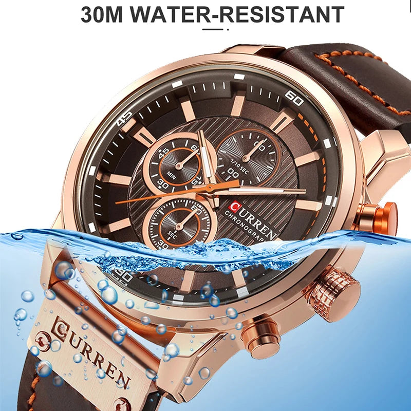 Men's Leather Sports Military Quartz Wristwatch Chronograph Male Clock
