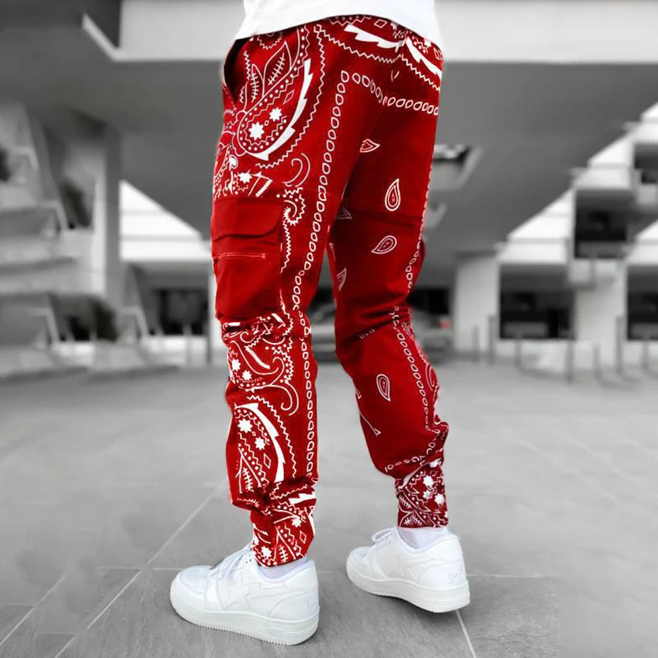 Paisley Cargo Pants Fashion Men's Reflective Joggers Oversized Streetwear Pants