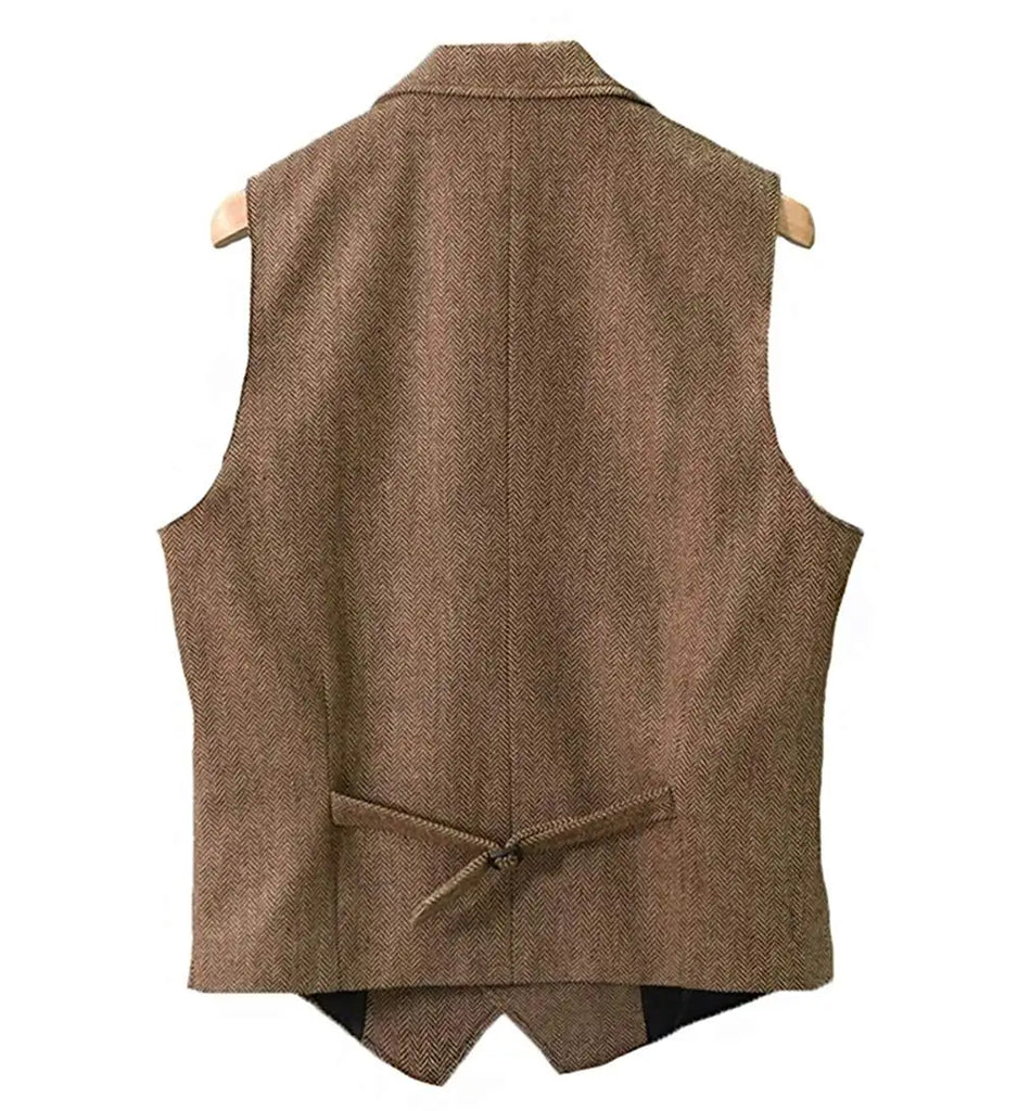 Men's Classic Wool Tweed Notch Lapel Waistcoat Herringbone Coat