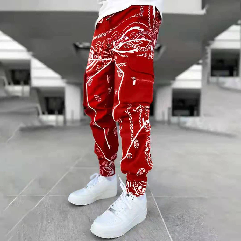 Paisley Cargo Pants Fashion Men's Reflective Joggers Oversized Streetwear Pants