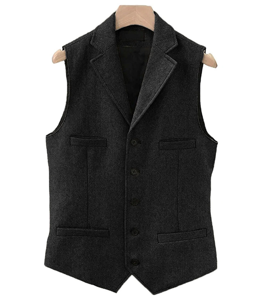 Men's Classic Wool Tweed Notch Lapel Waistcoat Herringbone Coat