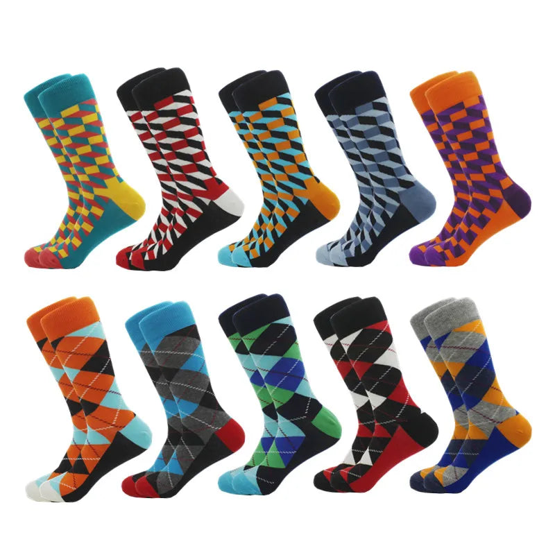 Quality Men Dress Crew Color Plaid Diamond Cotton Man Socks