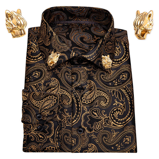 Paisley Silk Men Long Sleeve Casual Flower Dress Shirts Leopard Collar Pin