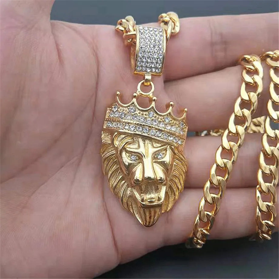 Stainless Steel Crown Lion Head Pendant Gold Color for Men