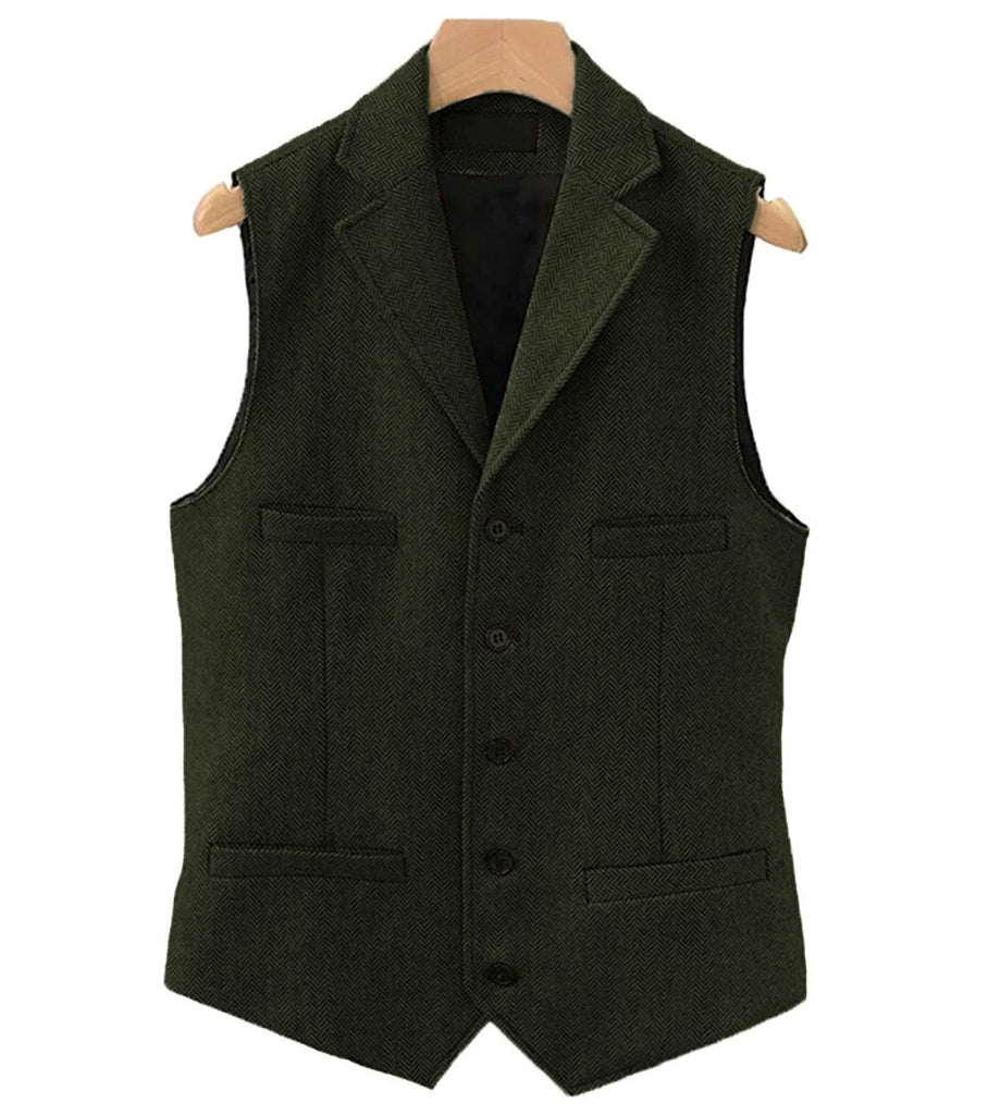 Men's Classic Wool Tweed Notch Lapel Waistcoat Herringbone Coat