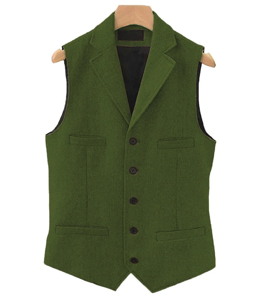 Men's Classic Wool Tweed Notch Lapel Waistcoat Herringbone Coat