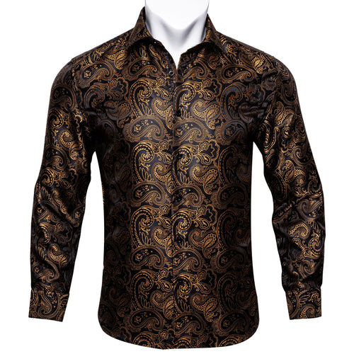 Paisley Silk Men Long Sleeve Casual Flower Dress Shirts Leopard Collar Pin