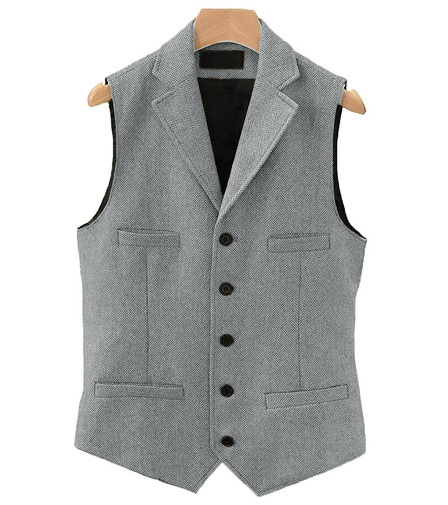 Men's Classic Wool Tweed Notch Lapel Waistcoat Herringbone Coat