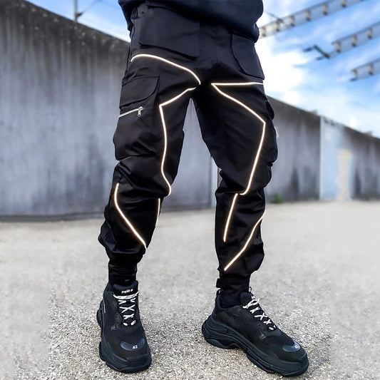 Cargo Pants Reflective Stripe Fashion Streetwear Patchwork Hipster Men's Trousers